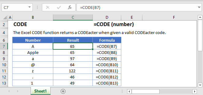 Excel CODE Function - Get Code for a Character