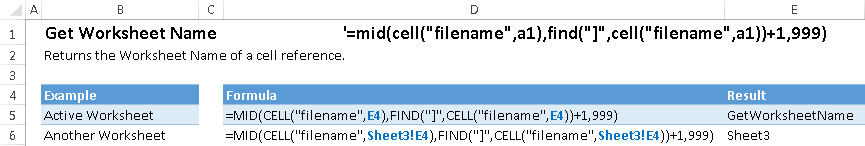 Excel formula to get the worksheet name. Uses the Excel functions: MID, CELL, and FIND.