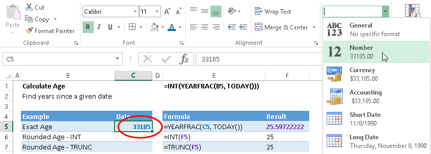 calculate rounded age in excel