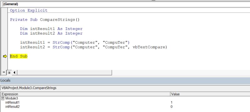 vba compare strings strcomp