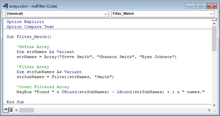 vba filter array function