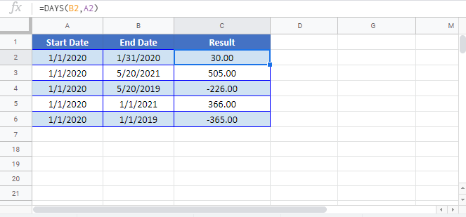 Days BW Google sheet