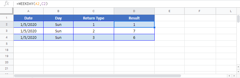 WEEKDAY Google sheet