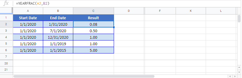 YEARFRAC Google Sheet