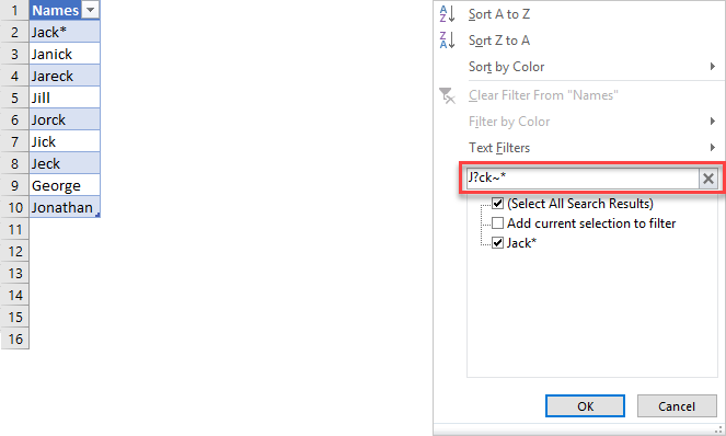 excel wildcard tilde example