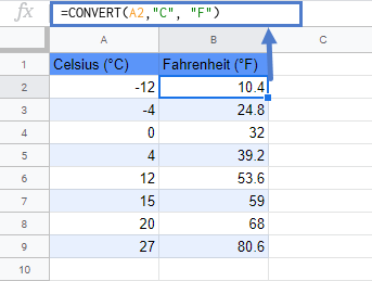 convert c to f google sheets