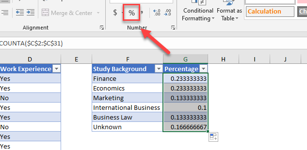 excel percentage breakdown arrow percentage