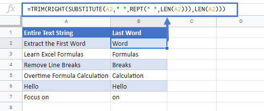 Extract last word in google sheets