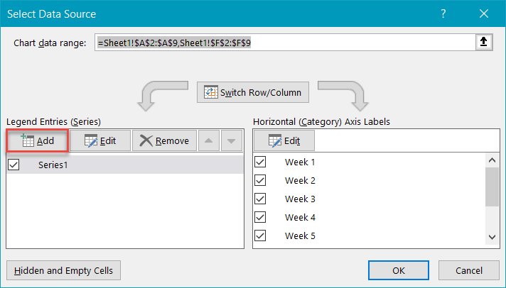 Select Data Source dialog box in Excel