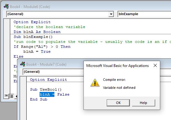 vba boolean module declare error