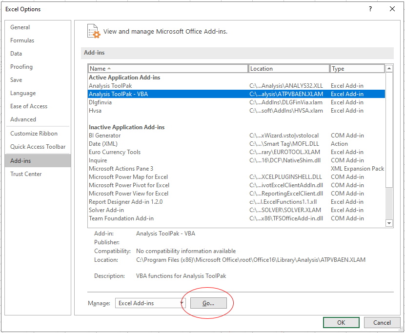 vba analysis toolpack add in