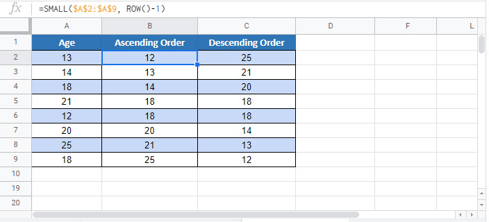 Sort with SMALL & LARGE Google