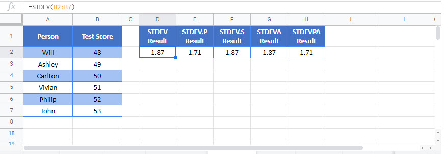 Standard Deviation Google Function