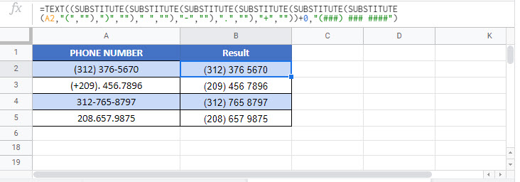 clean format phone numbers Google Function