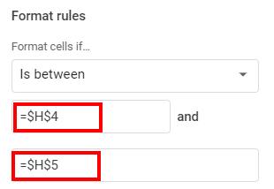 conditional formatting between two numbers format rules