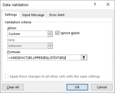 data validation exact and settings