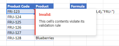 data validation exact google sheets warning