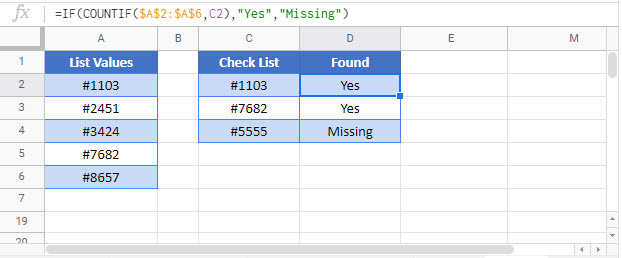 find missing values Google Function