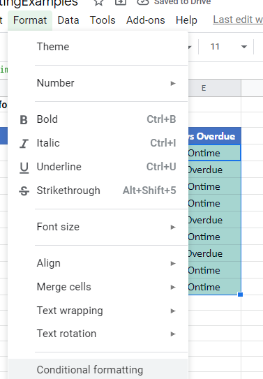 google sheets conditional formatting if statement menu