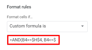 google sheets conditional formatting between two numbers custom formula