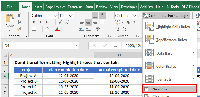 highlight rows that contain menu