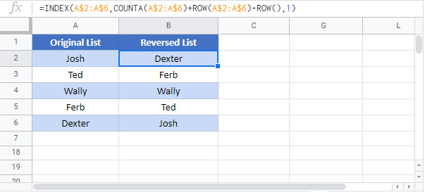 reverse-list range Google Function