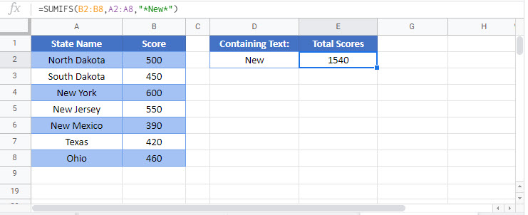 sum if contains text wildcards Google Function