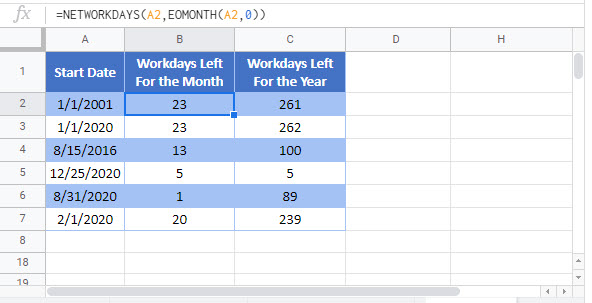 workdays left month year Google Function