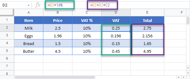 calculate vat google sheets