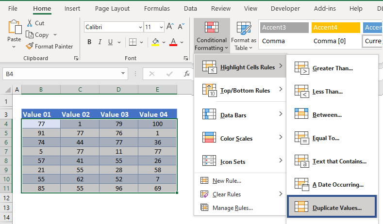 duplicate values built in rule