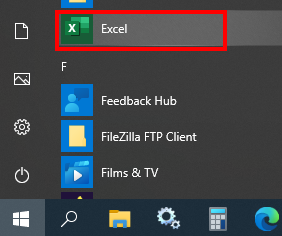 excel windows start menu