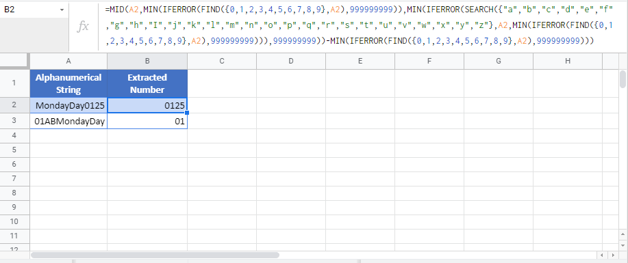 find extract number from string Google Function