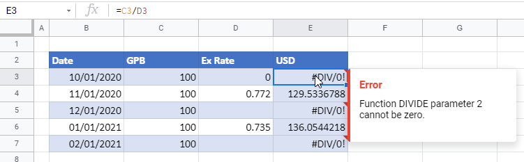 divide dividebyzero google sheets