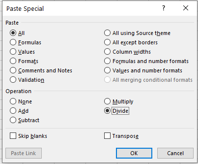 divide paste special dialog