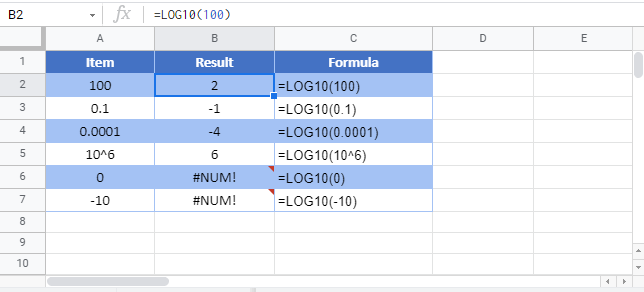 LOG10 Gsheet