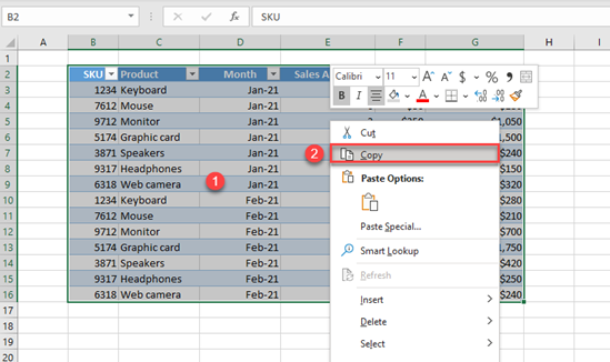 copy table excel