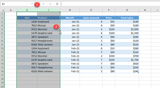 drag columns excel