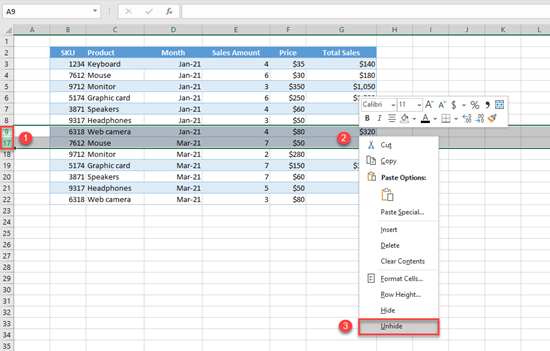 excel unhide rows