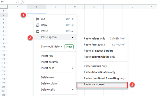 google sheets paste transposed