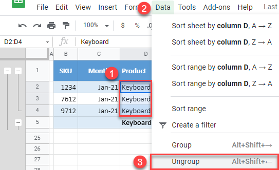 google sheets ungroup rows 1