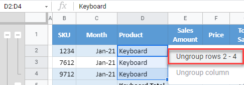 google sheets ungroup rows 2a