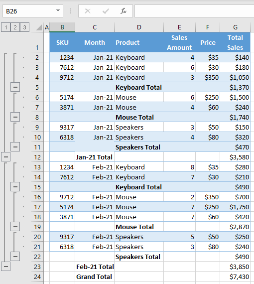 group multi levels excel 1