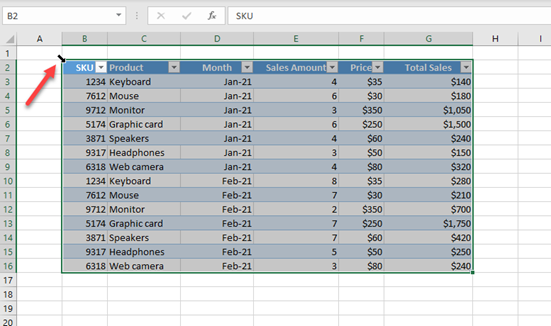 select table excel