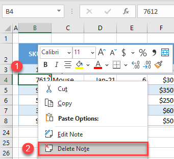 excel delete note