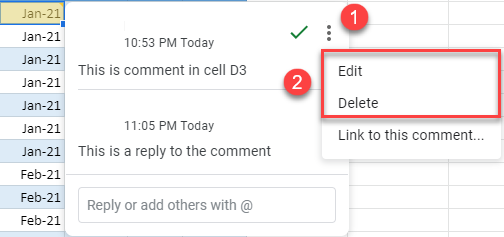 google sheets edit or delete comment