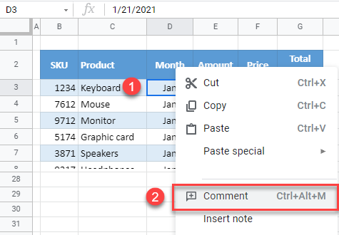 google sheets insert comment