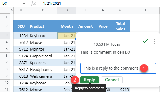 google sheets reply to a comment