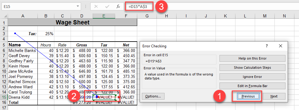 error checking trace previous