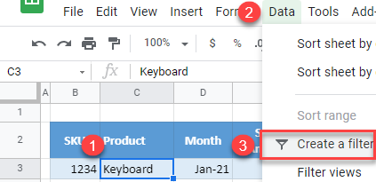 google sheets create a filter