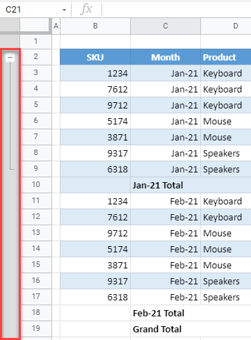 google sheets create an outline 3